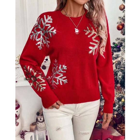 Red Long Sweater Sequin Snowflake Appliqué Round Neck, Knit Pullover - Picture 6 of 8